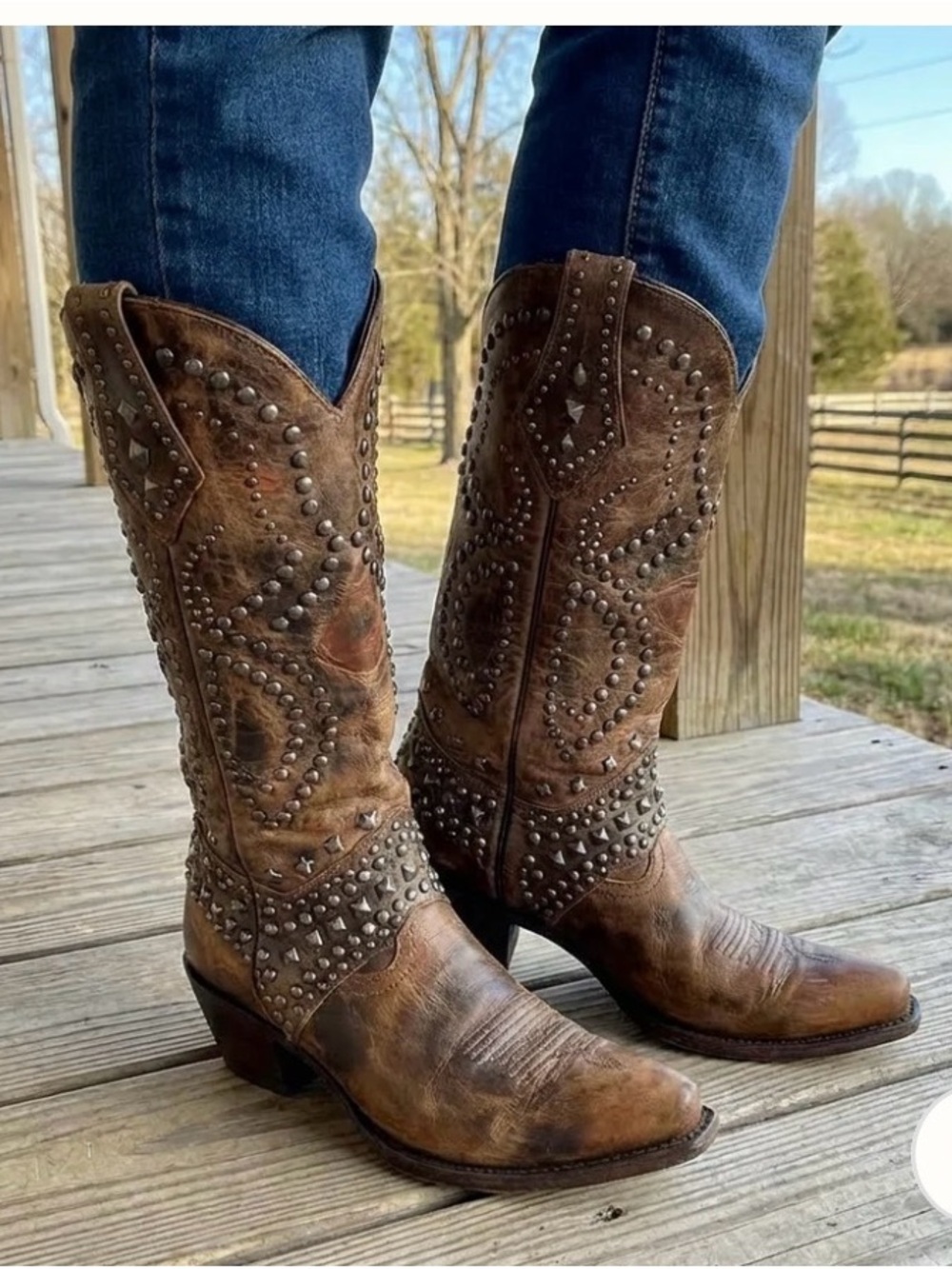 Women's Brown Studded Leather Western Booties